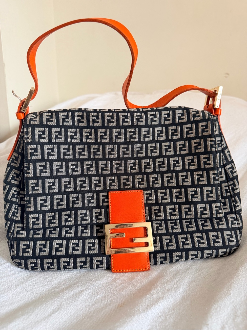 Fendi Baguette Logo Jacquard Shoulder Bag in Black and Orange